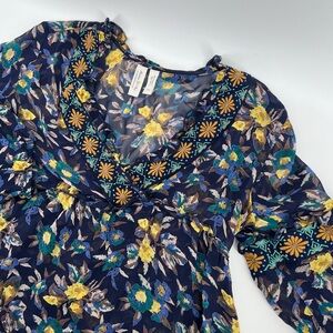 Anthropologie Meadow Rue Embroidered Sheer Blouse Petite XS Boho Floral
